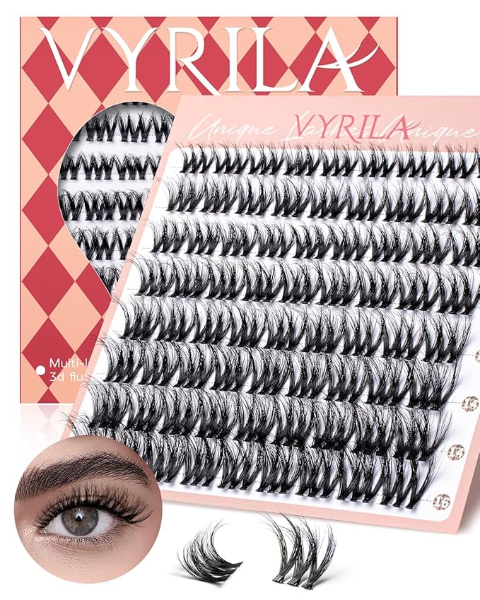 VYRILA Lash Clusters 0.05mm PBT Fiber Eyelash Clusters, 0.1mm Superfine Invisiband D Curl Diy Lash Extension, 72pcs 8-16mm Individual Lashes Clusters Like Eyelash Extensions (Exotic-D-8-16Mix)
