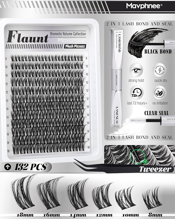 Flaunt Lash Clusters Kit Wispy Cluster Eyelash Extensions Kit CD-Curly Natural Individual Lashes DIY Lash Extension Kit 132Pcs Flora Cluster Lashes with Bond and Seal and Tweezers by Mavphnee (8-18MM)