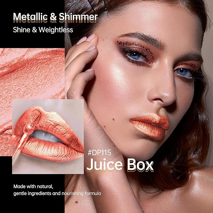 Depuplum Peach Red Lipsticks for Women Metallic Lipstick Long Lasting Non Stick Cup Lip Gloss, Shimmer Lightweight Hydrating Full Coverage Lip Color, DP115 Juice Box
