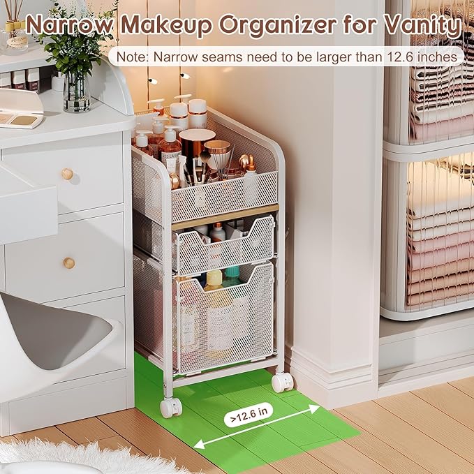 Rolling Makeup Cart Organizer with 2 Drawers, Narrow Floor Skincare Organizers, Vanity Organizer Cosmetics Display Cases Holder for Skin Care Nail Polish Perfume Makeup Brush, White