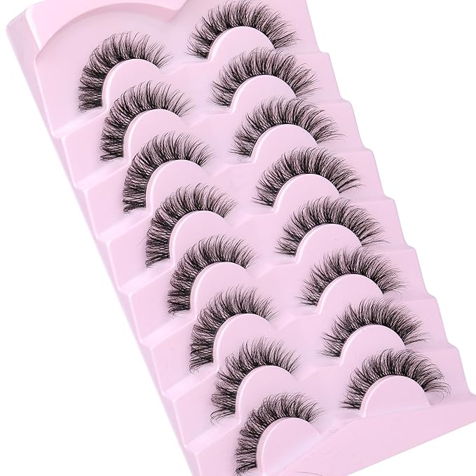 JIMIRE Demi Wispies False Eyelashes Natural Look Invisible Lash Band Cat Eye Lashes 15MM Mink Lashes Fluffy Russian D Curl Strip Lashes Look Like Lash Extensions Pestañas 8 Pairs Pack