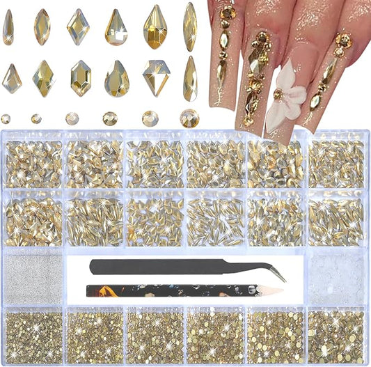 Nail Rhinestones - 3D Multiple Shape Size Gems, Champagne Gold, Manicure Beads, Pearls, Flatback Crystals Rhinestones, with Kit, for Nail Art Decor