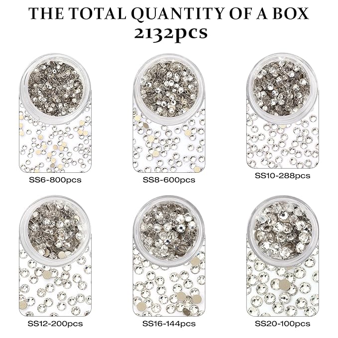 Novani Clear Rhinestones Flat Back Round Rhinestone Style 2088 Sparkly Crystal Gemstones for Makeup Nail Art Crafting,Mixed Small Size(SS6-SS20)