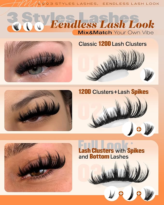 JIMIRE Lash Clusters Kit Volume Lash Extension Kit 296Pcs 120D Cluster Eyelash Extensions with Bottom Lashes and Spikes D Curl Eyelash Extension Kit with Lash Bond and Seal