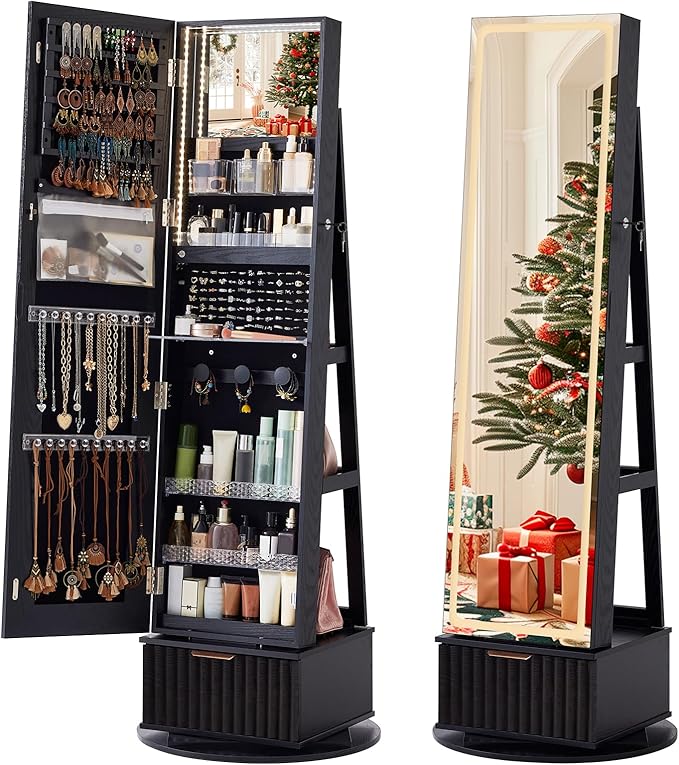 Fluted 360° Swivel Jewelry Armoire Cabinet Standing with Full Length Mirror, Lockable Jewelry Organizers and Drawer Storage with 3 Color LED Lights & Interior Mirror Rear Storage Shelves