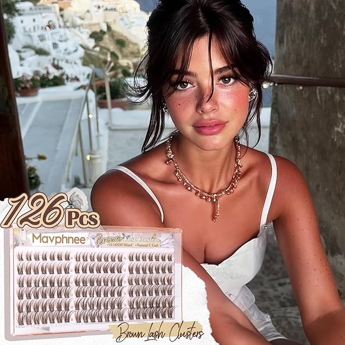 Mavphnee Brown Lash Clusters Wispy Cluster Eyelash Extensions Natural Cluster Lashes C-Curly Fairy Eyelash Clusters Dark Brown Individual Lashes Travel Pack DIY Anytime Anywhere (126Pcs, 10-16MM)