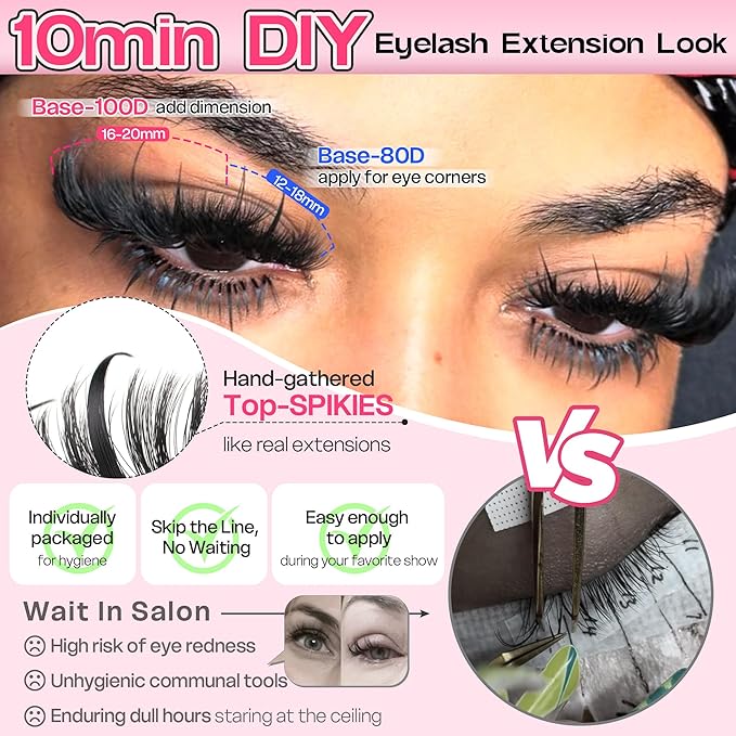 Goddvenus Lash Clusters Kit 13-21MM Lash Spikes Eyelash Clusters 80D 100D Thick Cluster Eyelash Extensions Kit Spiky DIY Lash Extensions Kit Individual Lashes Volume 295PCS