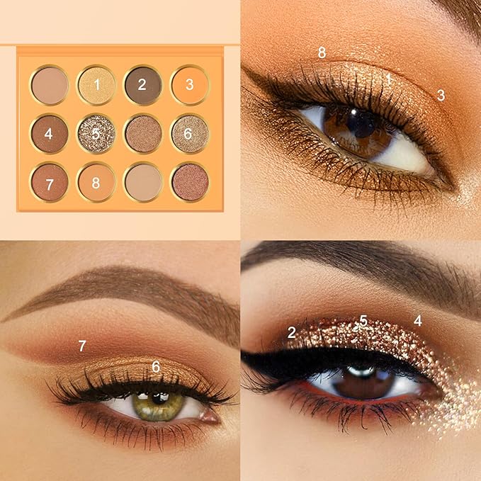 KYDA 12 Colors Orange Brown Eyeshadow Palette, Ultra-rich Glitter Golden Brown Eyeshadow, Matte Warm Orange Neutral Nude Eye Shadow Palette, Soft Blendable Powder, Daily Neutral Eyes Shadow