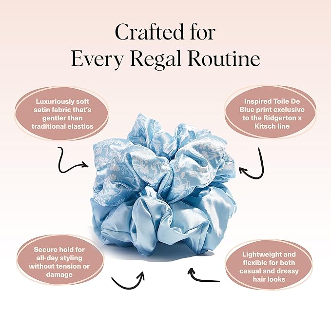 Bridgerton x Kitsch Satin Scrunchies for Women, No Snag, No Tugging, Soft & Comfortable Scrunchies for Girls, Perfect for Day or Night | Ideal Gifts for Women - Toile De Blue, 2pcs