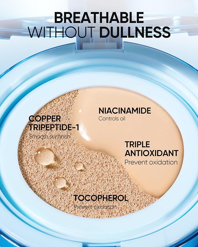 Velvet Matte Cushion Foundation Blue #01W Warm Vanilla| Full Coverage,12H Oil Control,Ideal for Oily & Combination Skin,Waterproof,Long-Lasting, Lightweight, Hydrating,Transfer-Proof