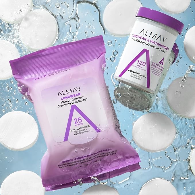 Almay Biodegradable Makeup Remover Pads, Longwear & Waterproof, Hypoallergenic, Fragrance-Free, Dermatologist & Ophthalmologist Tested, 80 Count