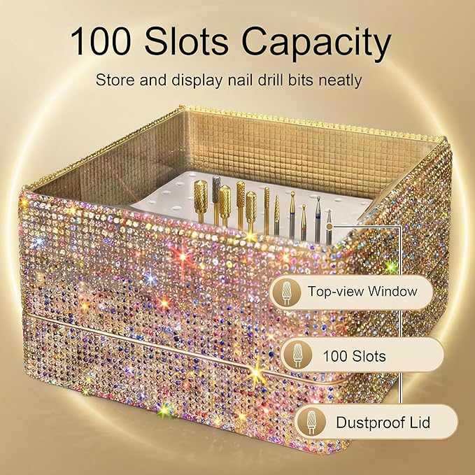 CORFULRA Nail Drill Bits Holder, Nail Organizer Box for Nail Drill Bits, Large Space of Container Case for Drill Bits, 100 Holes Dustproof Displayer Box of Nail Supplies for Nail Tach, Diamond