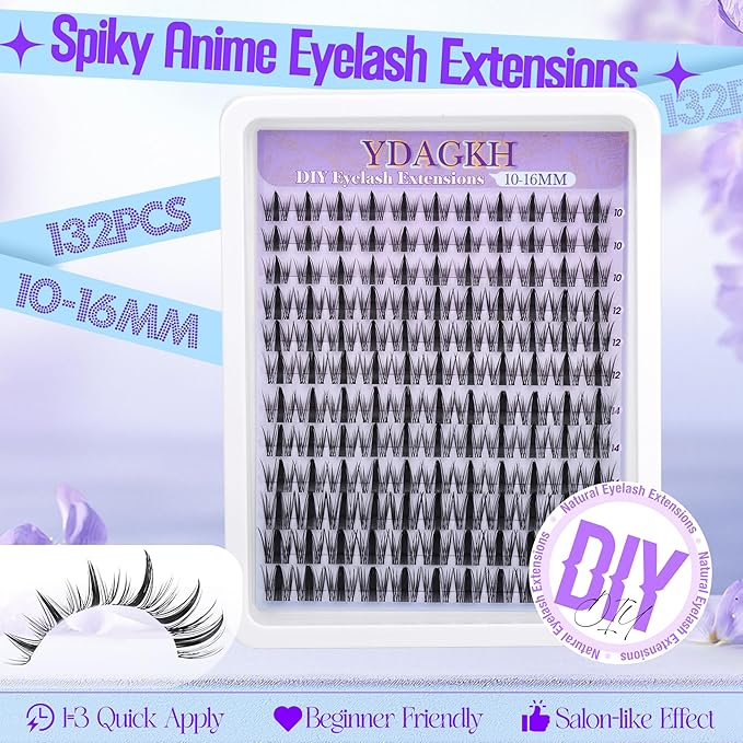 Manga Lash Clusters Natural Spiky Lash Extension Invisible Band Spikes Anime Eyelash Clusters 10-16mm DIY Wispy Individuals Lashes 132Pcs Fairy Eyelash Extension Clear Band