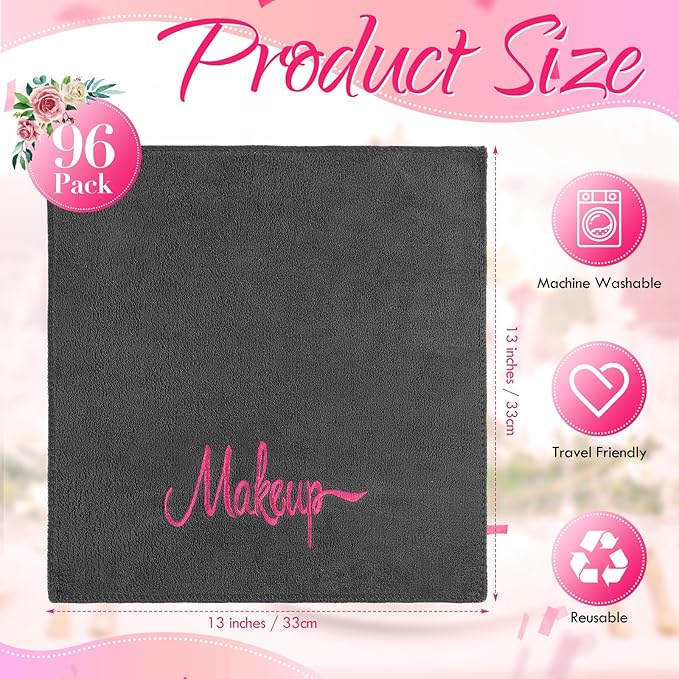 Preboun 96 Pack Makeup Remover Cloths, 13 x 13 Inch Makeup Towels Bulk Soft Microfiber Face Towels Reusable Makeup Washcloths with Makeup Embroidery for Women Skin (Gray)