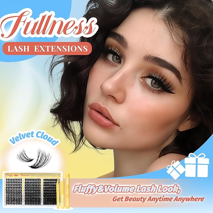 Fyonas Fluffy Lash Clusters Kit 60D+80D+100D Volume Cluster Eyelash Extensions 300Pcs D Curl Thick Eyelash Clusters DIY Individual Lashes Kit 10-18mm Wispy Cluster Eyelashes (Velvet Cloud Kit)