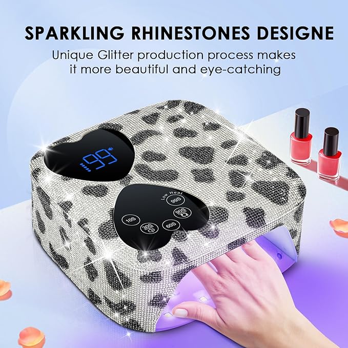 UV LED Nail Lamp Cordless, HUITINE 80W Rechargeable UV Light for Gel Nails with 5 Timers & Mirror Base, Professional Gel Light Dryer, Sparkling Rhinestones Curing Lamp for Salon & Home (Cow Diamond)