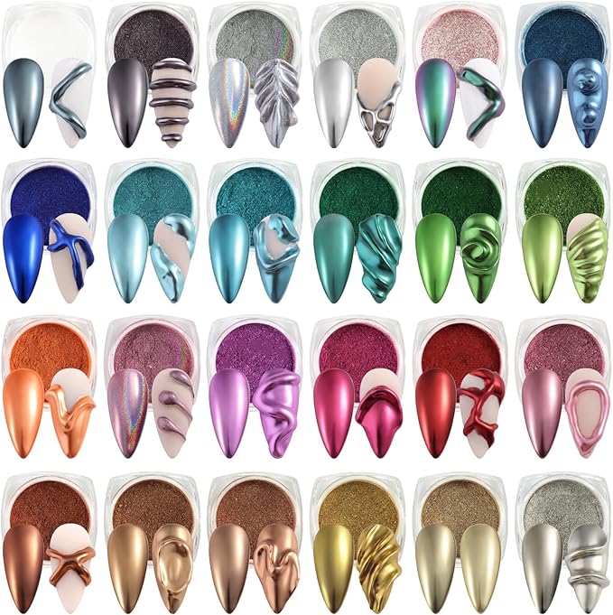 SUTOKAKA 24 Colors Chrome Nail Powder Set Metallic Mirror Effect Holographic Nail Powder Iridescent Aurua Nail Chrome Powder Pigment Dust for Nail Art Decor French Manicure Supplies