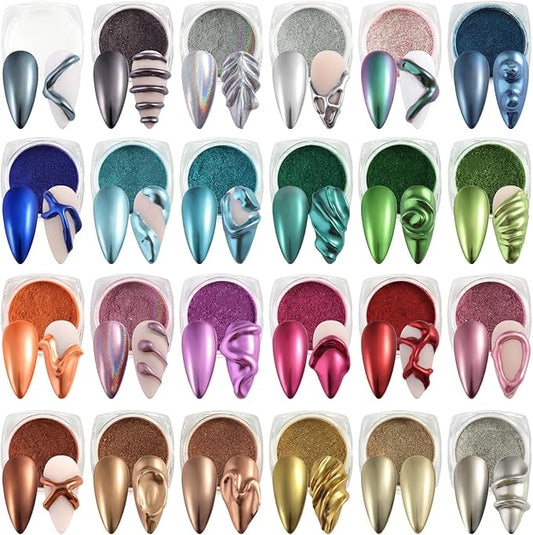 SUTOKAKA 24 Colors Chrome Nail Powder Set Metallic Mirror Effect Holographic Nail Powder Iridescent Aurua Nail Chrome Powder Pigment Dust for Nail Art Decor French Manicure Supplies