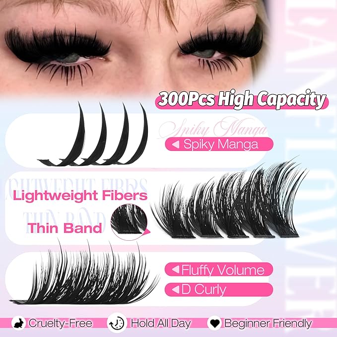 Fluffy Lash Clusters Kit 200D Volume Eyelash Clusters with Spikes 300Pcs DIY Lash Extension Kit Manga Cluster Eyelash Extensions Wispy Cluster Lashes Fairy Eyelash Extension Kit