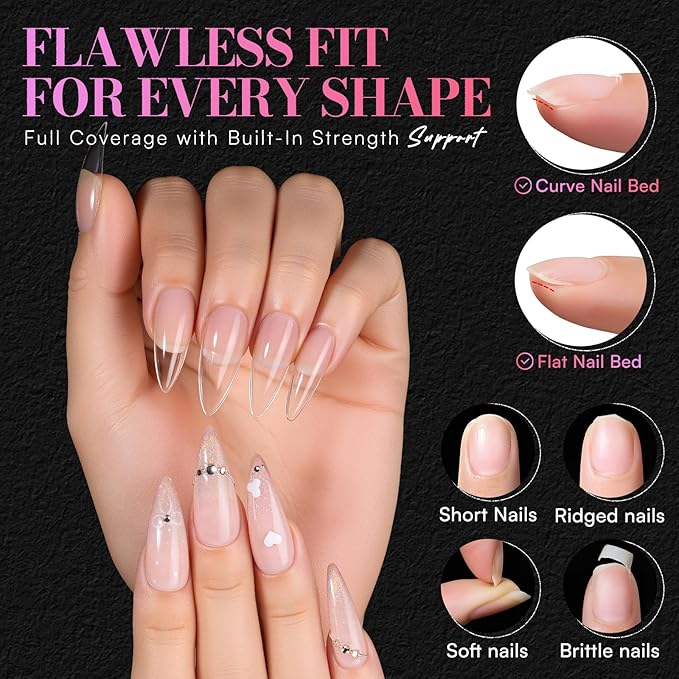 Makartt Long Stiletto Almond Nail Tips: Clear, 504 PCS, 15 Sizes, Half Matte, French Fake Nails Stiletto Shapes - Pre-Etched Full Cover Soft Acrylic Press On Nails Extension DIY Art Salon
