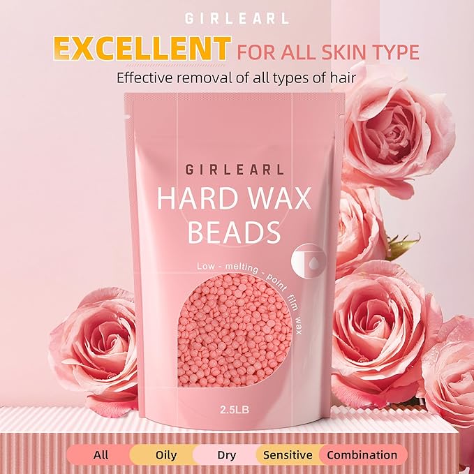 GIRLEARLE Hard Wax Beads for Hair Removal, 2.5lb, Rose Oil Infused, Brazilian Bikini Wax for Women Men, Sensitive Skin, Full Body Legs Face Underarms Waxing Beads