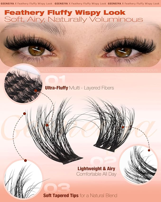 Geeneiya Fluffy Lash Clusters Wispy Eyelash Clusters, 8-16mm Natural Lashes Clusters, C Curl Cluster Eyelash Extensions, Natural Look Lash Extension for Beginners