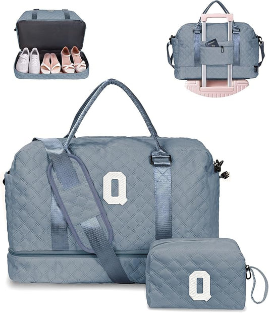 Personalized Gifts-Initial Overnight Bag with Shoe Compartment, Personalized Weekender Bag, Monogram Overnight Bag, Letter Travel Bag with Makeup Bag，Birthday Gift For Women Girl (Letter Q)