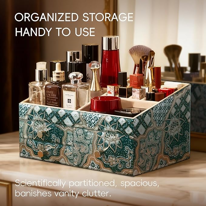 Glass Makeup Organizer for Vanity - Vanity Case with Drawers & Velvet Lining, Countertop Organizer for Lipstick, Brushes, Skincare, Perfume - Christmas Gifts for Women