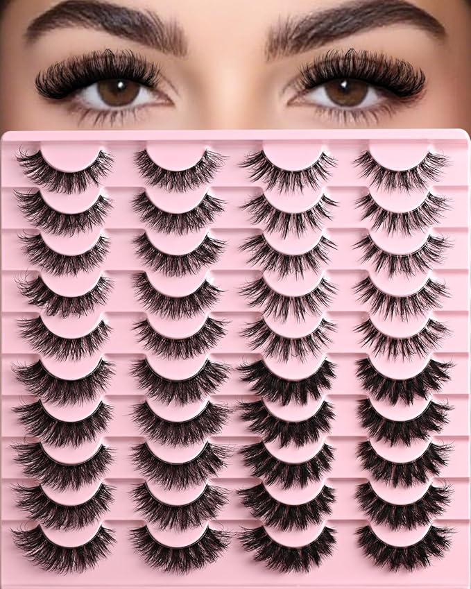 Lashes Wispy False Eyelashes 4 Styles Cat Eye Strip Lash Natural Look 20 Pairs Fake Mink Eyelash Pack Short Fluffy Lashes Strips that Look Like Extensions Wispies Clear Band Pestañas Postizas