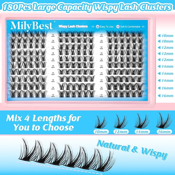 MilyBest Lash Clusters Kit Wispy Eyelash Clusters Lashes Natural DIY Lash Extension Kit 10-16mm Cluster Eyelash Extensions Kit 180pcs CC Curl Individual Lashes with Bond and Seal Tweezers