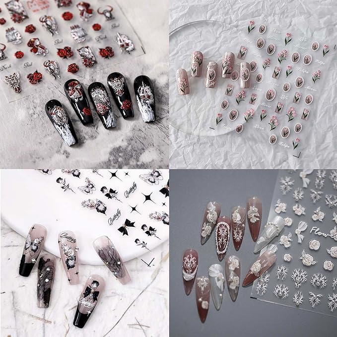 4 Sheets 3D Nail Stickers Package 4 Styles Self-Adhesive Small Nail Art Stickers Accessories for Women and Girls Manicure Decorations