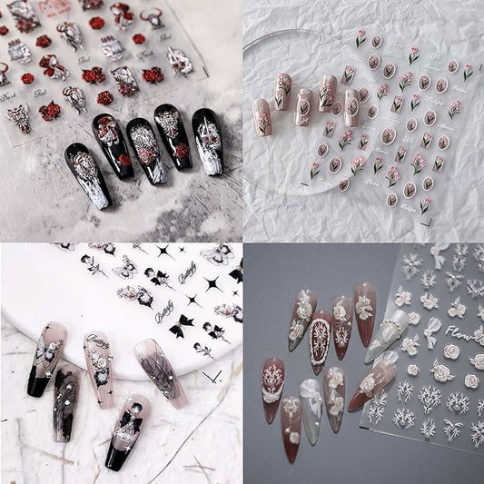 4 Sheets 3D Nail Stickers Package 4 Styles Self-Adhesive Small Nail Art Stickers Accessories for Women and Girls Manicure Decorations