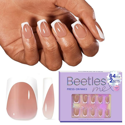 Beetles Short Square French Tip Press On Nails Brown 64 Pcs Pre-Shaped Fake Nails Reusable Nail Kit with Quick-drying Nail Glue Mini Manicure File DIY Home Salon in 16 Sizes Gifts for Women Girls