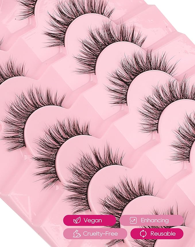 Natural Lashes Wispy C Curl False Lashes 9mm-16mm Demi Wispies Eyelashes Short Volume Mink Lashes Pack Fairy Classic Fake Lashes Cute Small Eye Lashes Pack 7 Pairs