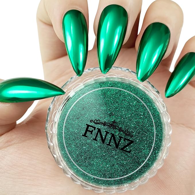 FNNZ Chrome Nail Powder, Emerald Metallic Nail Powder Pigment Premium Mirror Effect Green Nail Art Glitter Dust for Gel Polish Decoration Home DIY Nail Salon Manicure Nail Supplies
