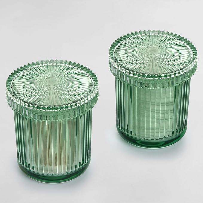 MKOSAB 2 Pack Qtip Holders for Bathroom, Clear Glass Apothecary Jars with Lids,Vintage Bathroom Canisters for Cotton Balls,Swabs,Floss Picks,Hair Ties,Vanity Organizer and Storage Decor (Green)
