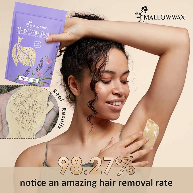 Mallowwax Hard Wax Beads, 2LB Coconut Cream Wax for Sensitive Skin, Gentle Hair Removal for Face, Bikini, Legs & Brazilian, No Strips Needed & Easy to Use at Home