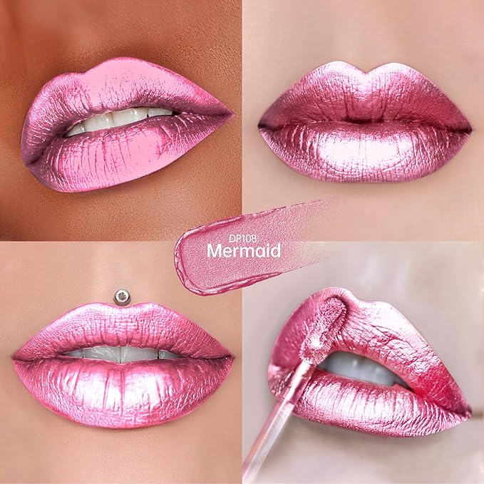 Depuplum Pink Lipsticks for Women Metallic Lipstick Long Lasting Non Stick Cup Lip Gloss, Shimmer Lightweight Hydrating Full Coverage Lip Color, DP108 Mermaid