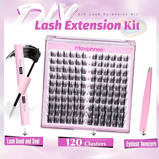 Natural Lash Clusters Kit Spiky Cluster Eyelash Extension Kit 120 Pcs CC-Curly Eyelash Clusters 10-16MM Wispy Individual Lashes Kit with Lash Bond and Seal and Eyelash Tweezers by Mavphnee