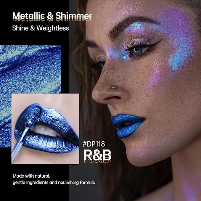 Depuplum Blue Lipsticks for Women Metallic Lipstick Long Lasting Non Stick Cup Lip Gloss, Shimmer Lightweight Hydrating Full Coverage Lip Color, DP118 R&B