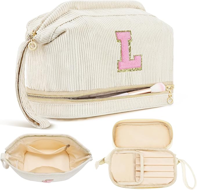 Makeup Bag for Girls Gift, Personalized Christmas Gifts Initial Women Makeup Bag for Travel, Double Layer Cosmetic Bag with Brush Organizer Preppy Make up Bag for Teen Girl Trendy - L
