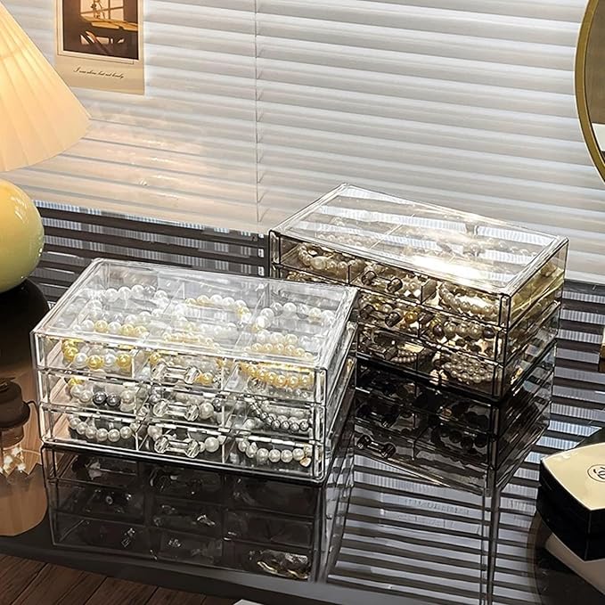 Feadily 1PCS Acrylic Jewelry Organizer Box, Jewelry Drawer Organizer With 3 Drawers 18 Grids, Bracelet Earring Holder Organizer, Clear