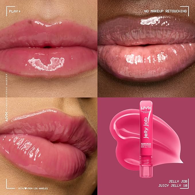 NYX PROFESSIONAL MAKEUP Jelly Job Lip Gloss, Lip Tint Gloss with Full-Bodied, Smoothing, and Hyper-Glossy Shine - Juicy Jelly (Bright Pink)