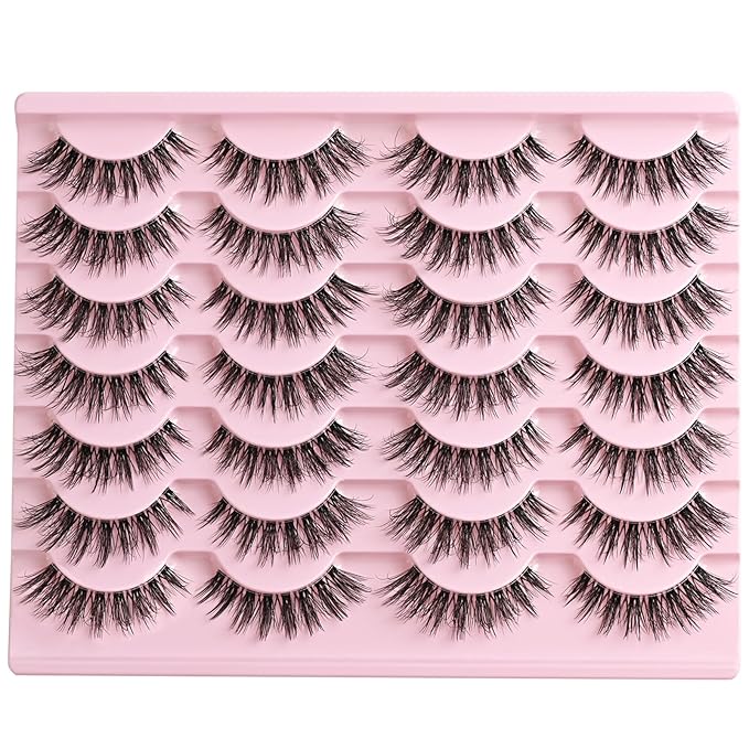 Lashes Wispy False Eyelashes Cat Eye Lash Strips Natural Fake Eyelash Mink Strip Lash Pack 14 Pairs Lightweight Fluffy Cateye Lashes Soft Cotton Band 7-14mm Wispies Easy Eyelashes Natural Look