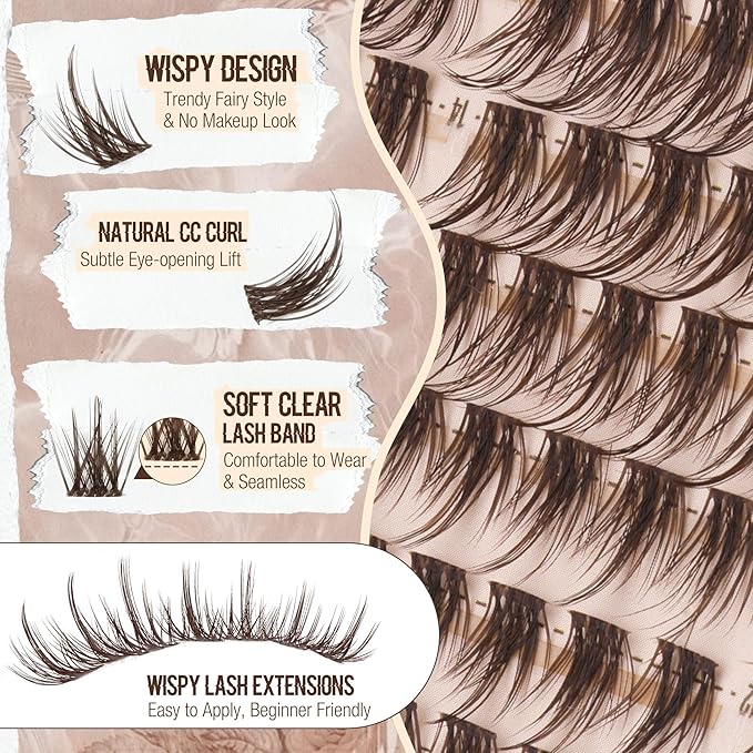 Mavphnee Brown Lash Clusters Wispy Eyelash Extension Fairy Cluster Lashes Spiky Individual Lashes Hair-Like Flow Eyelash Clusters DIY at Home Dark Brown Lash Pack (10-16MM, C-Curly)