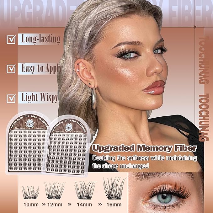 TOOCHUNAG Natural Lash Clusters Wispy Eyelash Clusters D Curly Volume Individual Lashes 10-16MM Cluster Eyelash Extensions DIY Lash Extension Thin Band Soft False Lashes Clusters