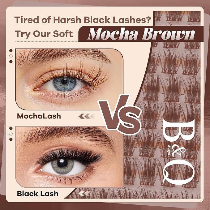 B&Q Brown Lash Clusters Kit Natural Mochalash Clusters 02, Wispy Eyelash Clusters Kit C-Curl Cluster Eyelash Extensions 8-16mm Brown Lash Eyelashes Kit for Fair/Dark Hair(Mochalash 02 Set)