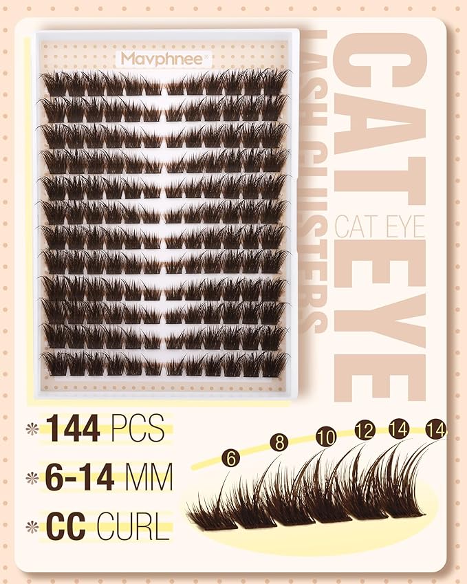 Brown Lash Clusters Pre-Mapped Eyelash Clusters Cat Eye Cluster Eyelash Extensions Fairy Wispy Cluster Lashes CC Curly Wet Look Individual Lashes Extensions 144Pcs 6-14MM Fox Eye Lashes Clusters