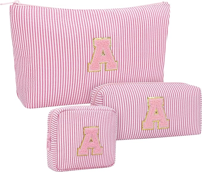 MONSTINA Initial Makeup Bag,Monogram Cosmetic Pouch,Personalized Make Up Case for Girlfriend Graduation Teacher Gifts,Cute Toiletry Bag Preppy Chenille Letter Patch,Pink A