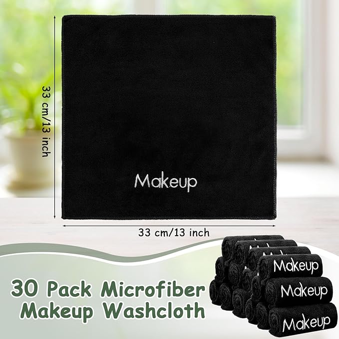Shimeyao 30 Pack Makeup Towels Black Makeup Washcloths for Face Classic Soft Microfiber Remover Cloth 13x13 Inch Quick Dry Face Towels for Cleansing Hand